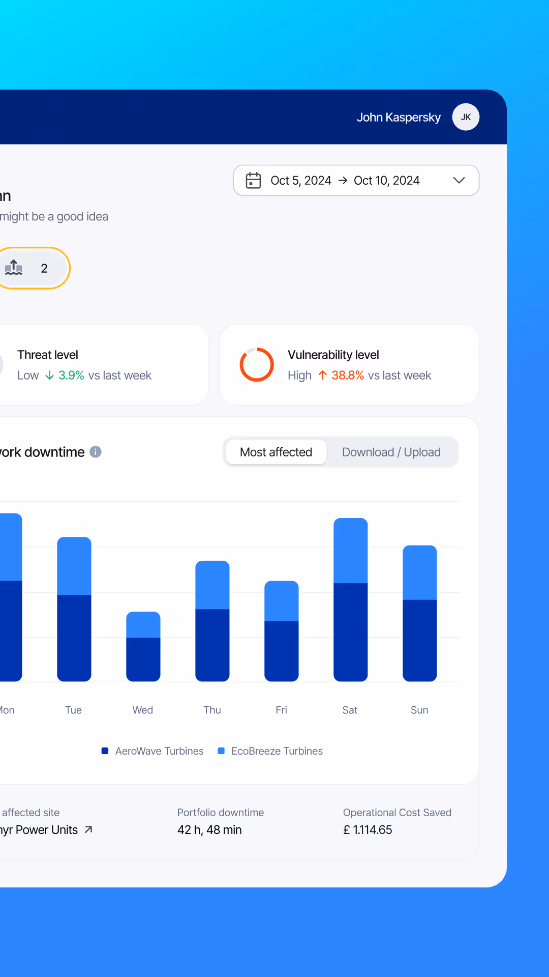 Case Cyber Energia: Fundo com degrade azul mostrando a tela principal do dashboard